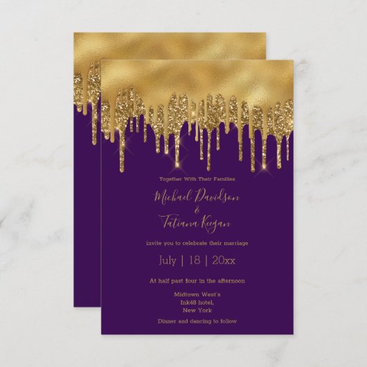 paarse gouden glitters bruiloft kaart (Voorkant / Achterkant)