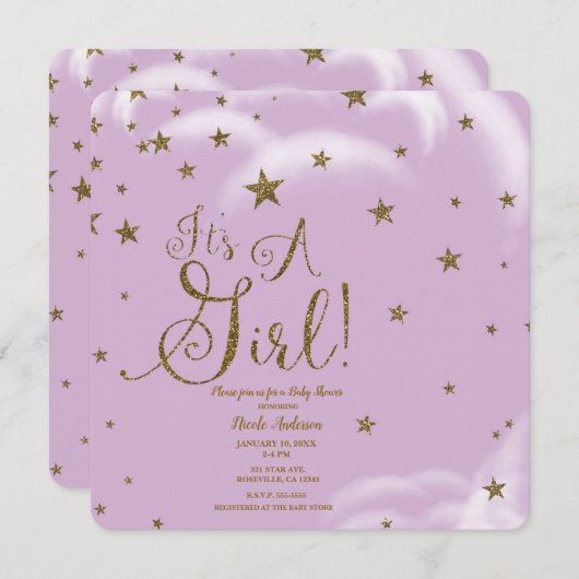 Paarse gouden glittersterren Het is een meisje Bab Kaart (Voorkant / Achterkant)
