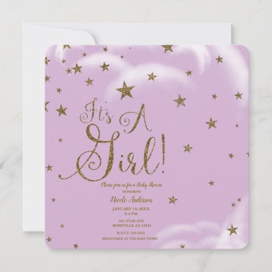 Paarse gouden glittersterren Het is een meisje Bab Kaart (Voorkant)
