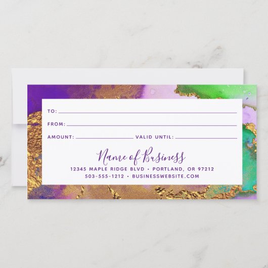 Paarse Gouden Groene Aqua Waterverf Cadeaubon (Achterkant)