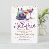 Paarse gouden Halloween Cocktail Party Kaart (Staand voorkant)