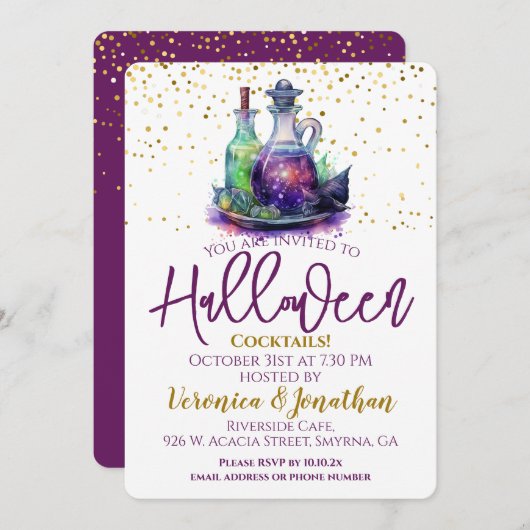 Paarse gouden Halloween Cocktail Party Kaart (Voorkant / Achterkant)