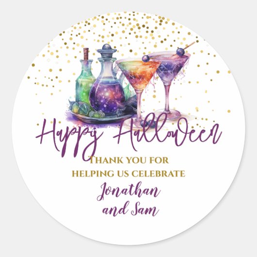 Paarse gouden Halloween Party Potions Ronde Sticker (Voorkant)