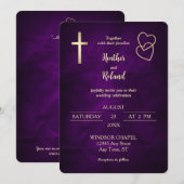 Paarse gouden harten Christelijk Cross Wedding Kaart (Voorkant / Achterkant)