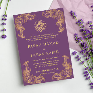 Paarse  gouden hoek islamitische moslimbruiloft kaart