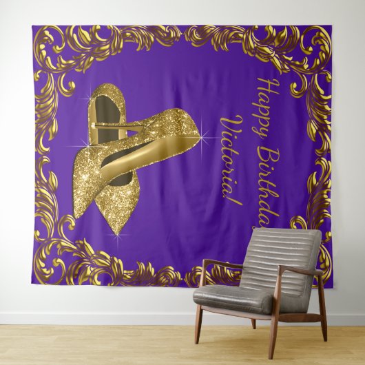 Paarse Gouden Hoge Hak Verjaardagsfeest XL Achterg Wandkleed (In Situ (horizontaal))