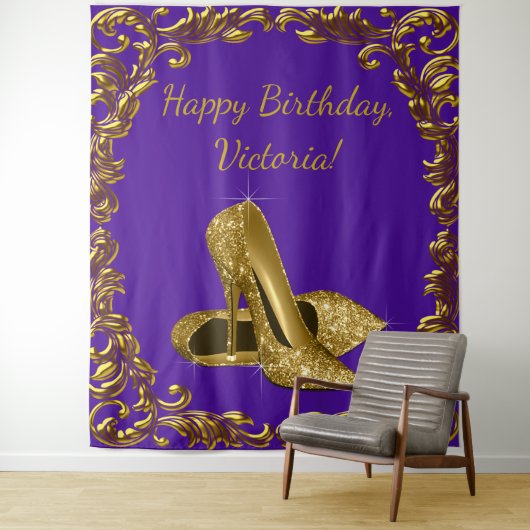Paarse Gouden Hoge Hak Verjaardagsfeest XL Achterg Wandkleed (In situ)