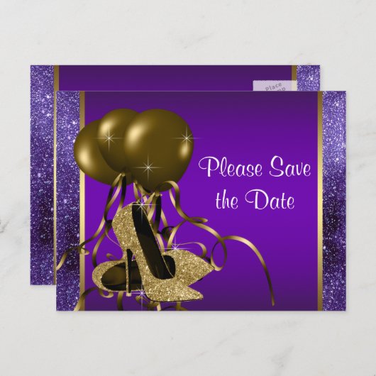 Paarse gouden hoge hakschoen Sla de datum op Aankondigingskaart (Voorkant / Achterkant)