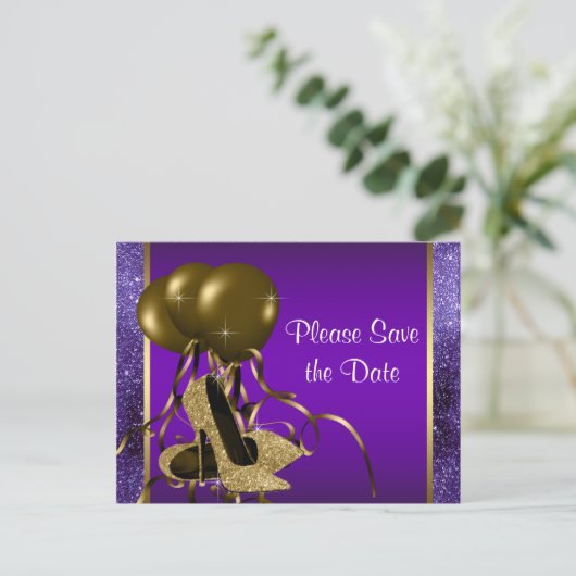 Paarse gouden hoge hakschoen Sla de datum op Aankondigingskaart (Staand voorkant)