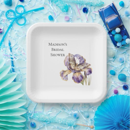 Paarse Gouden Iris Floral Butterfly Vrijgezellenfe Papieren Bordje (Feest)