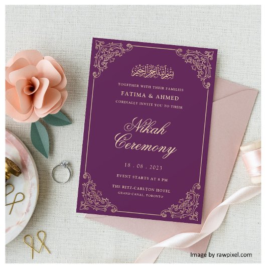 Paarse gouden  islamitische bruiloft kaart