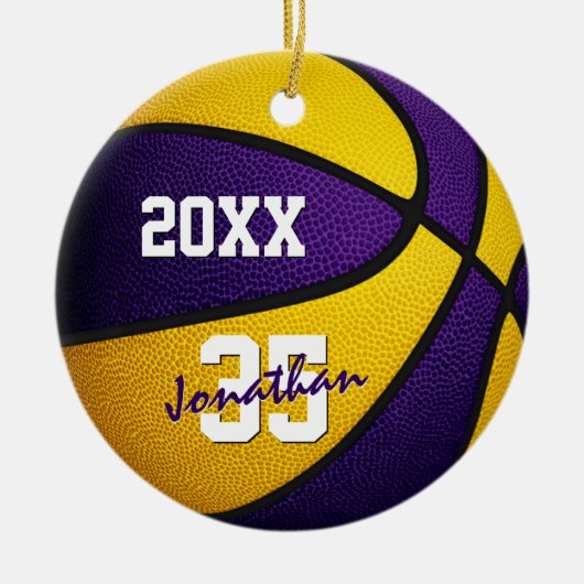 paarse gouden jongens, jongens, basketbal keramisch ornament (Voorkant)