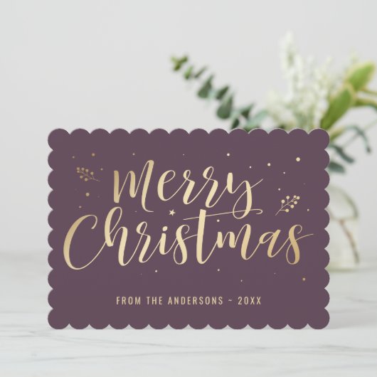Paarse Gouden Kalligrafie Vrolijk Kerstfeest Feestdagenkaart (Staand voorkant)