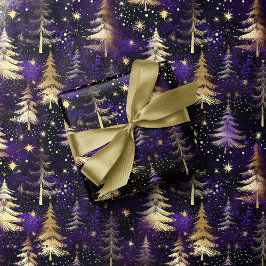 Paarse & Gouden Kerstboom Sneeuwval Luxe Kerstmis Cadeaupapier