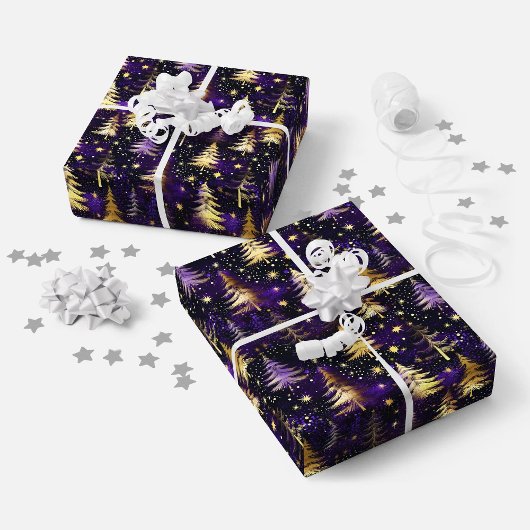 Paarse & Gouden Kerstboom Sneeuwval Luxe Kerstmis Cadeaupapier