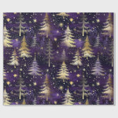 Paarse & Gouden Kerstboom Sneeuwval Luxe Kerstmis Cadeaupapier (Vlak)