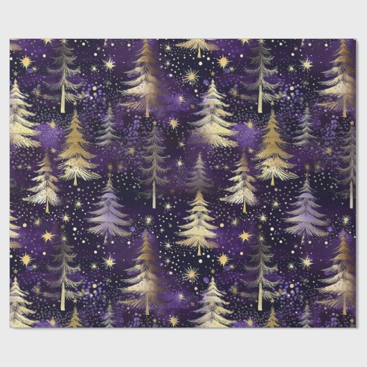 Paarse & Gouden Kerstboom Sneeuwval Luxe Kerstmis Cadeaupapier (Vlak)