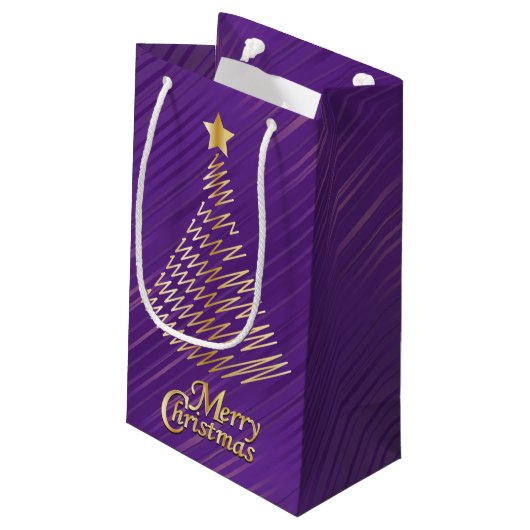 Paarse gouden kerstfeestjes en goudbomen klein cadeauzakje (Achterkant Gekanteld)