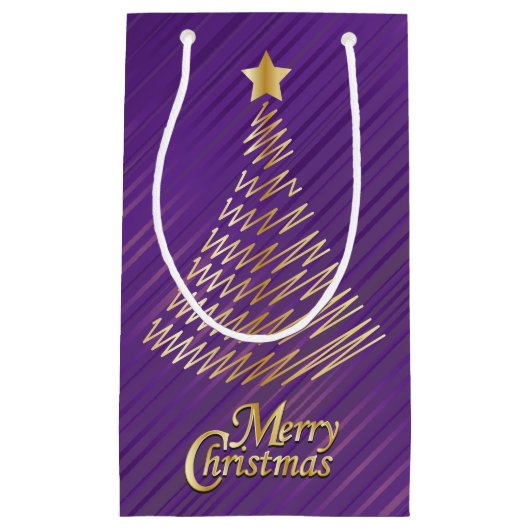 Paarse gouden kerstfeestjes en goudbomen klein cadeauzakje (Voorkant)