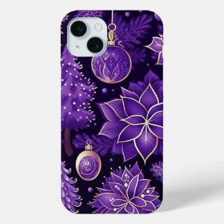 PAARSE & GOUDEN KERSTVERSIERINGEN POINTSETTIAS iPhone 15 MINI HOESJE