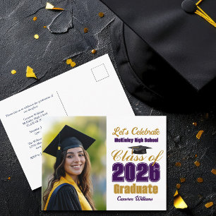 Paarse Gouden Klas van 2026 Foto Afstudeerfeest Uitnodiging Briefkaart