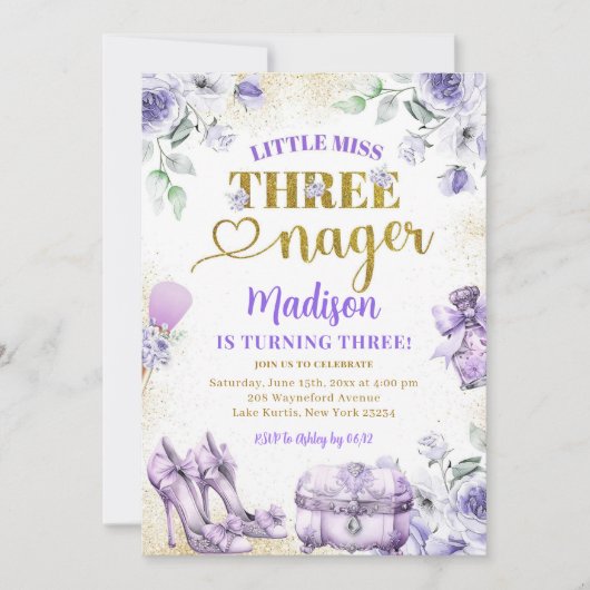 Paarse gouden kleine Miss Threenager derde verjaar Kaart (Voorkant)