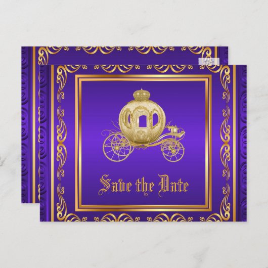 Paarse gouden koninklijke wagen Save the Date Aankondigingskaart (Voorkant / Achterkant)
