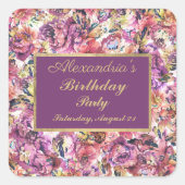  Paarse gouden koraal bloemig 90ste verjaardag Vierkante Sticker (Voorkant)