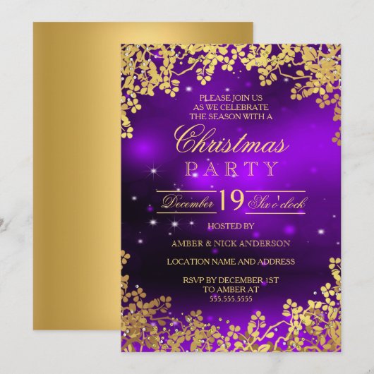 Paarse Gouden Krans Kerstfeest Uitnodiging (Voorkant / Achterkant)