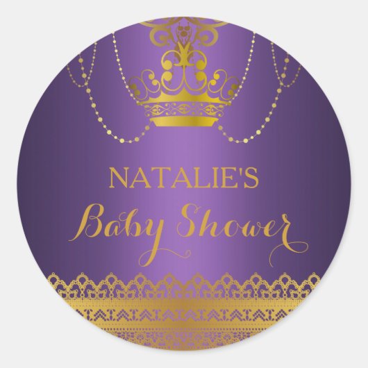 Paarse & Gouden Kroon Baby shower Sticker (Voorkant)