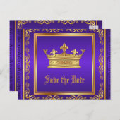 Paarse Gouden Kroon Bewaar de Datum Aankondigingskaart (Voorkant / Achterkant)