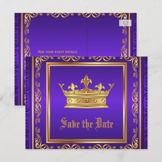 Paarse Gouden Kroon Bewaar de Datum Aankondigingskaart (Voorkant / Achterkant)