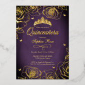 Paarse Gouden Kroon Rozen Thema Quinceanera Folie Uitnodiging (Voorkant)
