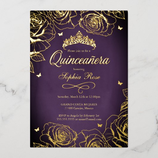 Paarse Gouden Kroon Rozen Thema Quinceanera Folie Uitnodiging (Voorkant)