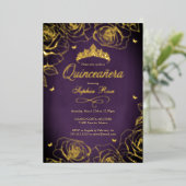Paarse Gouden Kroon Rozen Thema Quinceanera Folie Uitnodiging (Staand Voorkant)