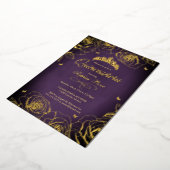Paarse Gouden Kroon Rozen Thema Quinceanera Folie Uitnodiging (Gedraaid)
