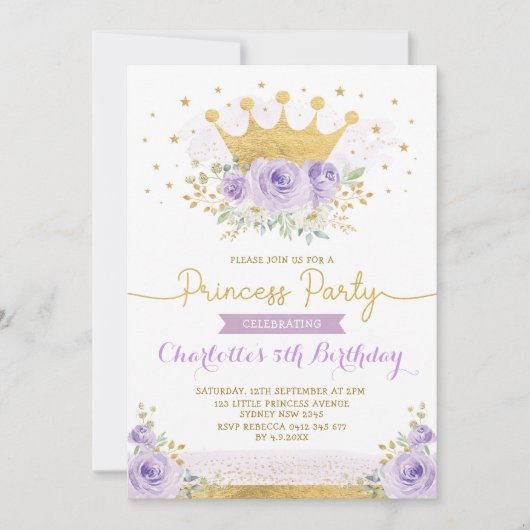 Paarse Gouden Kroonprinses Verjaardag Lila Bloemen Kaart (Voorkant)