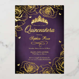 Paarse Gouden Kroonrozen Thema Quinceanera Folie Uitnodiging