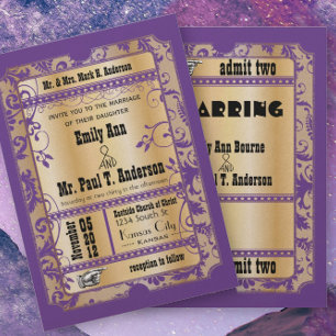 Paarse Gouden Landelijke Vintage Ticket Bruiloft Kaart