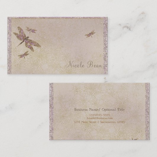 Paarse & gouden libellen Dragonfly Glam Sparkle Visitekaartje (Voorkant / Achterkant)