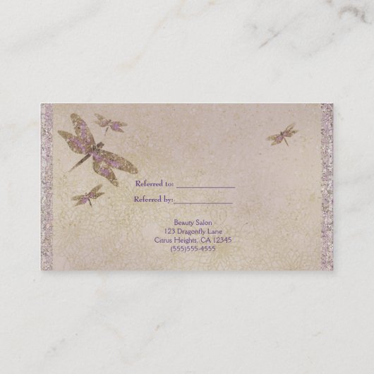 Paarse & gouden libellen Dragonfly Verwijs een vri Aanbevelingskaartje (Achterkant)