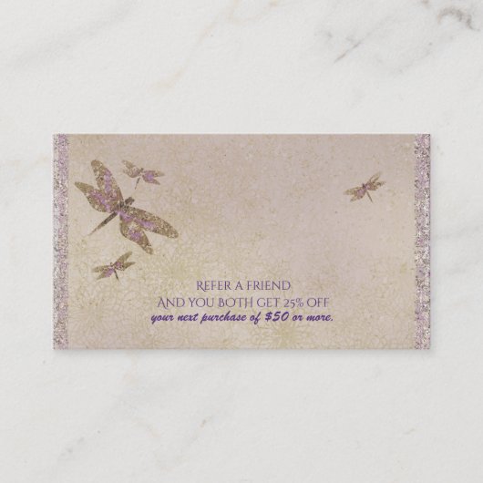 Paarse & gouden libellen Dragonfly Verwijs een vri Aanbevelingskaartje (Voorkant)