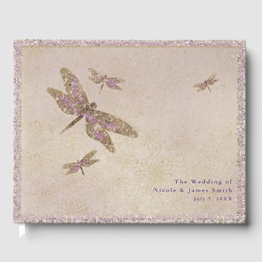 Paarse & gouden libellen Dragonfly Wedding Party Gastenboek (Voorkant)