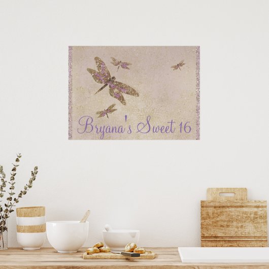 Paarse & Gouden Libellen Libel Feest Banner Poster (Keuken)