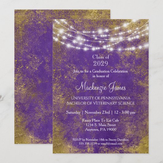 Paarse Gouden Lichten Afstudeerfeest Uitnodiging (Voorkant / Achterkant)