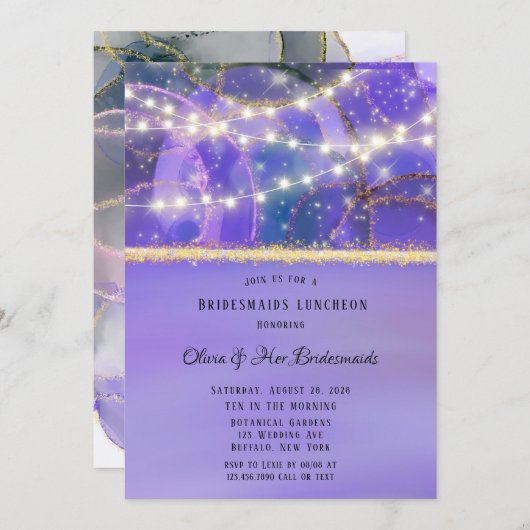 Paarse Gouden Lichten Ethische Inkt Bruidsmeisjes  Kaart (Voorkant / Achterkant)