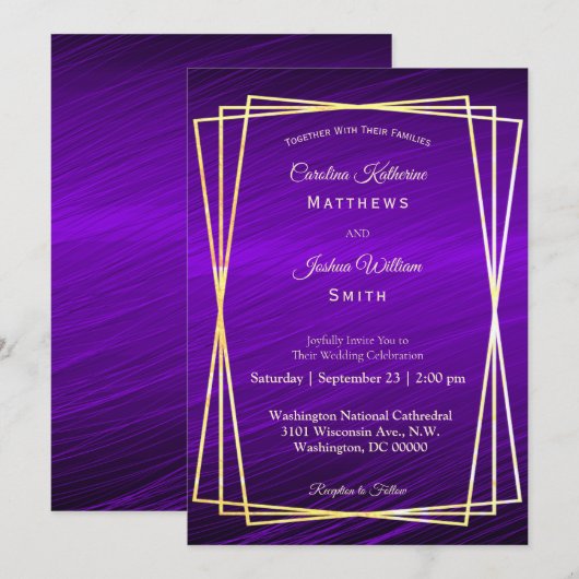 Paarse gouden Lijst bruiloft Kaart (Voorkant / Achterkant)