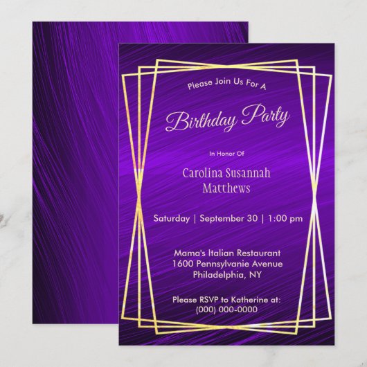 Paarse gouden Lijst verjaardag Kaart (Voorkant / Achterkant)