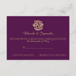 Paarse gouden mandala indiaanse bruiloft reactie K RSVP Kaartje