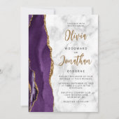 Paarse Gouden Marmer Agaat Script QR Code Bruiloft Kaart (Voorkant)